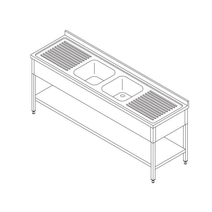 Nõudepesumasina laud – 210 x 70 cm – 2 valamuga ja tagaseinaga – koos hoiuruumiga - Image 1
